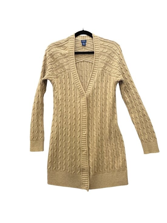 Izod Sweaters - IZOD Cable Knit Long Tan Cardigan Small Country Club Deep V Light Academia BOHO